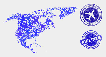 Air plane vector North America and Greenland map collage and scratched watermarks. Abstract North America and Greenland map is designed with blue flat random air plane symbols and map locations.