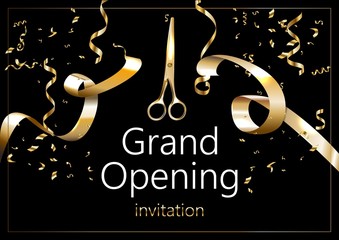 Grand opening sparkling banner. Text composition with golden splashes and ribbons. Elegant style.