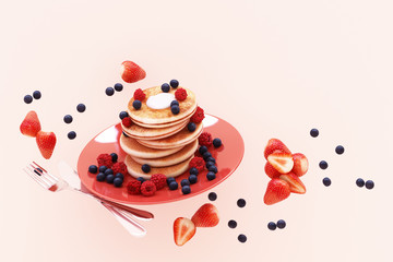Pancake with blueberry and strawberry in the plate on pink pastel background. 3d render