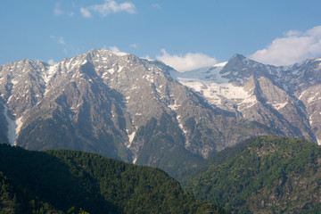Fototapeta na wymiar A beautiful view of the Dhauladhar Himalayan Range on a clear day at Kareri, Himachal Pradesh, India