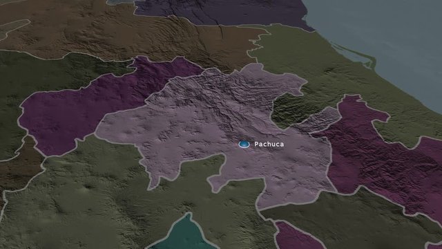 Hidalgo - state of Mexico zoomed on the administrative map of the globe. Animation 3D