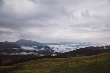 foggy landscape in the wild Carpathian mountains