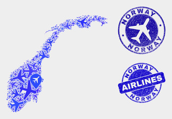 Airlines vector Norway map mosaic and scratched stamps. Abstract Norway map is created with blue flat scattered airlines symbols and map markers. Tourism plan in blue colors, and rounded stamps.