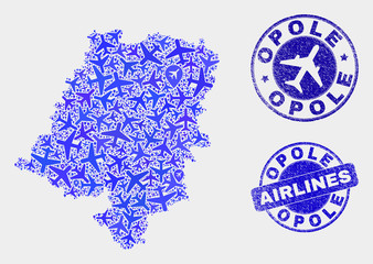 Aircraft vector Opole Voivodeship map collage and grunge watermarks. Abstract Opole Voivodeship map is formed with blue flat scattered aircraft symbols and map locations. Flight scheme in blue colors,