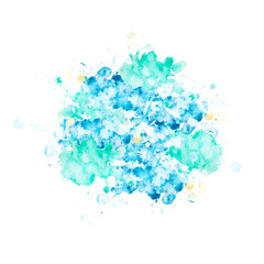 Watercolor blot of blue with splashes and stains.