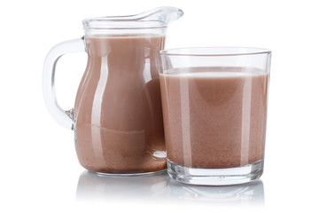 Fresh chocolate milk in a glass and churn isolated on white