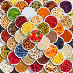 Fruits and vegetables spices ingredients berries food square grapes from above