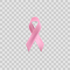 Realistic pink ribbon, breast cancer awareness symbol on transparent background