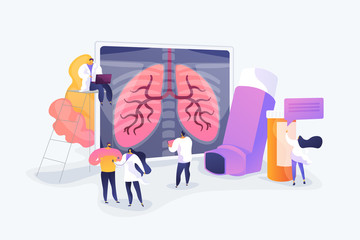 Patient suffering from allergic asthma symptoms. Pneumonia treatment. Obstructive pulmonary disease, chronic bronchitis, emphysema concept. Vector isolated concept creative illustration - obrazy, fototapety, plakaty