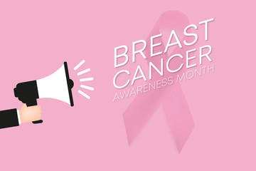 Hand holding megaphone breast cancer awareness symbol, vector illustration