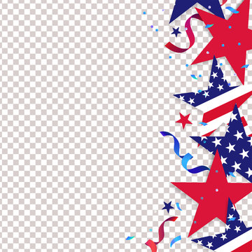 Fourth Of July. 4th Of July Holiday Background. USA Independence Day Decoration Elements - Confetti Stars In National Colors Isolated On Background. 