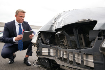 Male Insurance Loss Adjuster With Digital Tablet Inspecting Damage To Car From Motor Accident