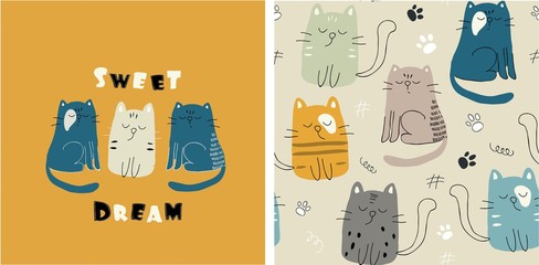 set of cute cat print and seamless pattern with cats. vector