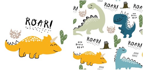 set of cute dinosaur print and seamless pattern with dinosaurs. vector illustration © neapol