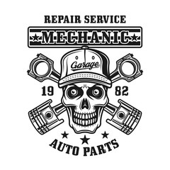 Mechanic skull and pistons vector vintage emblem
