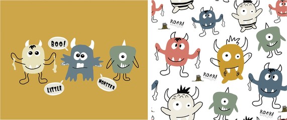 set of cute monster print and seamless pattern with monsters.vector illustration © neapol