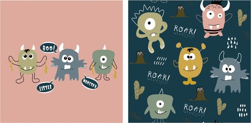 set of cute monster print and seamless pattern with monsters.vector illustration © neapol