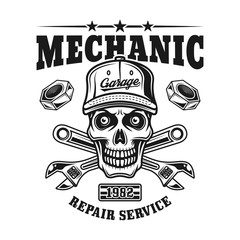 Fototapeta premium Mechanic skull vector emblem for repair service