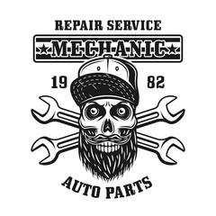 Mechanic skull and crossed wrenches vector emblem