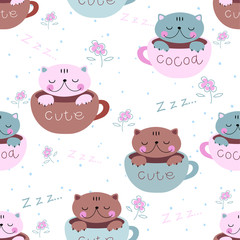 Seamless pattern. Cute kittens sleep sweetly in mugs. Pajama print for children. Vector