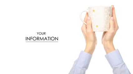 White red stars cup mug in hand arm raised up pattern on white background isolation