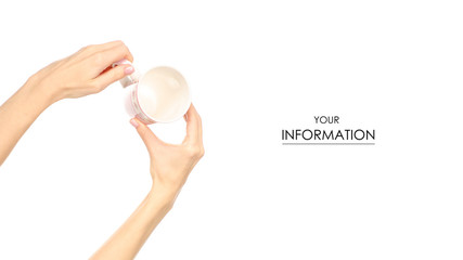 Cup mug pink flower print in hand arm raised up pattern on white background isolation