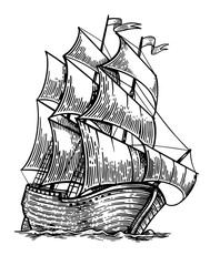 Black and white sketch of sailing old ship - obrazy, fototapety, plakaty