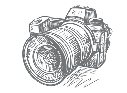 Modern camera in doodle style. Gray hand drawn