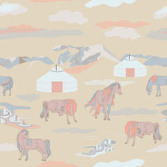 Seamless illustration of mongolian traditional family gers, relaxing and playful horses in different poses, mountains and clouds in a landscape of Mongolia. Vector pattern in shades of yellow, cream,