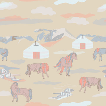 Seamless Illustration Of Mongolian Traditional Family Gers, Relaxing And Playful Horses In Different Poses, Mountains And Clouds In A Landscape Of Mongolia. Vector Pattern In Shades Of Yellow, Cream,