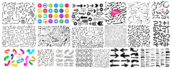 Fototapeta Mega Set of Arrows. Black and colorful signs. Flat web icons. Vector illustration isolated on white background. obraz