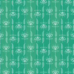 Hand drawn white leaves and flowers geometric design with subtle stripes. Seamless vector pattern on vibrant turquoise background. Great for wellness, beauty, food products, packaging, stationery