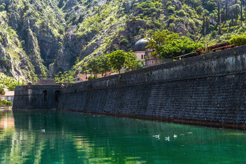 Wall of city fortress in Kotor, Montenegro. UNESCO World Heritage Site