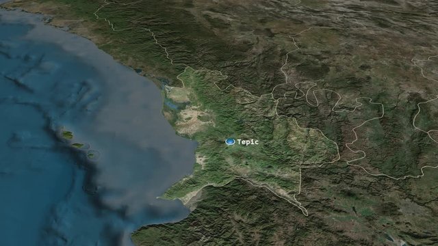 Nayarit - state of Mexico zoomed on the satellite map of the globe. Animation 3D