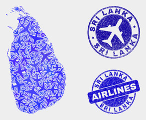 Airplane vector Sri Lanka map collage and grunge stamps. Abstract Sri Lanka map is designed of blue flat random airplane symbols and map markers. Transport scheme in blue colors,
