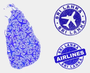 Selbstklebende Fototapeten Airplane vector Sri Lanka map collage and grunge stamps. Abstract Sri Lanka map is designed of blue flat random airplane symbols and map markers. Transport scheme in blue colors, © Evgeny