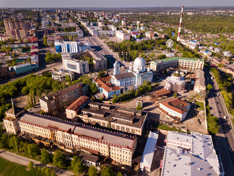 Panoramic aerial view of  city of Kursk with buildings and landscape