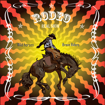   vector banner poster with a cowboy rider sitting on a wild horse mustang and the inscription rodeo on the background of wooden boards in retro style