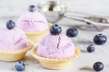 Purple Ice-Cream in Waffle Basket with Blackberry. Ice Cream Ball with Berry in Cake Cup. Freezing Sorbet with Fruit Flavor. Violet Iced Treat with Blueberry. Frosting Sweet Dairy Product