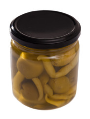 Jar with delicious whole olives marinated with hot pepper