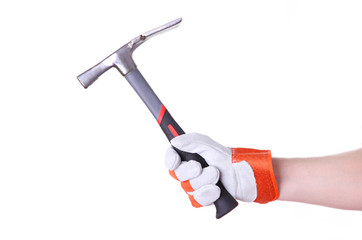 The hand holding the hammer isolated on a white background