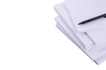 Stack white paper with pen isolated on a white background with Clipping Path