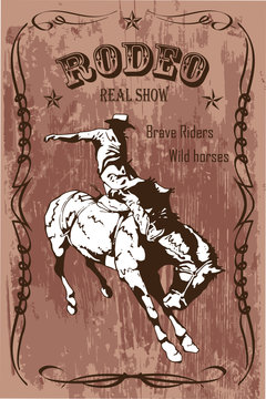 vector banner poster with a cowboy rider sitting on a wild horse mustang and the inscription rodeo on the background of wooden boards in retro style