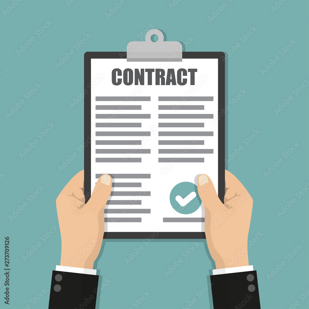 Poster Hands holding clipboard with contract document in a flat design