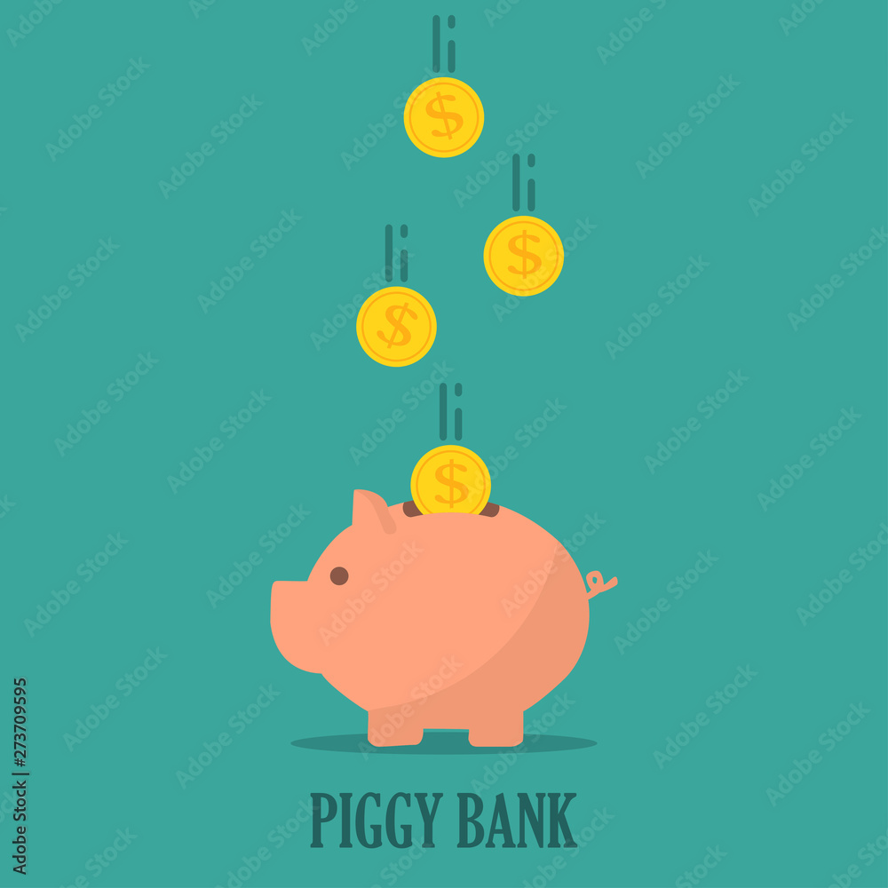 Aufkleber piggy bank with coins in a flat design. the concept of saving or save money or open a bank deposit