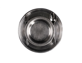prison plate, cutlery on a white background