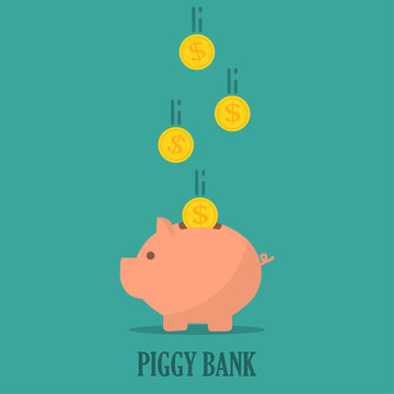 Piggy bank with coins in a flat design. The concept of saving or save money or open a bank deposit