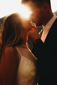 Portrait of a lovely wedding couple looking to each other before kissing against sunset.