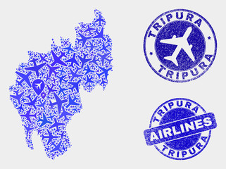 Airlines vector Tripura State map collage and scratched seals. Abstract Tripura State map is organized from blue flat random airlines symbols and map locations. Flight plan in blue colors,