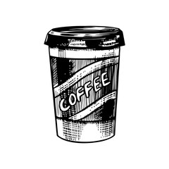 Take away Cup of coffee in vintage style.  Cappuccino in a glass. Hand drawn engraved retro sketch. Template for logo or label.